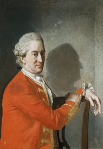 Ritratto di James Hamilton, 2° conte di Clanbrassil, mezzo busto, in un cappotto rosso, seduto su una sedia di mogano, il suo profilo proiettato in ombra sul muro dietro
