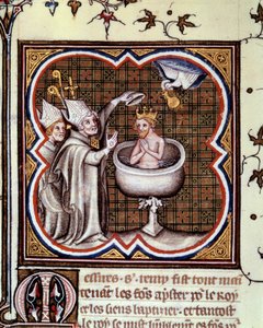 Battesimo di Clodoveo (466-511) da parte di San Remigio (San Remi) a Reims nel 496: lo Spirito Santo porta l