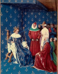 Carlo V (1338-1380) riceve gli ambasciatori di Carlo IV (1316-1378), imperatore del Sacro Romano Impero nel 1377. Miniatura da un manoscritto di Jean Fouquet (1420-1481)