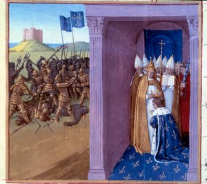 Sconfitta di Griffone (scena a sinistra): Combattimento di Pipino il Breve (714-768) e suo fratello Griffone. Anelli di Pipino il Breve a Laon nel 754. Miniatura in “Grandes chroniques de France” (Folio 76) miniata da Jean Fouquet (XV secolo) 1493. Parigi.