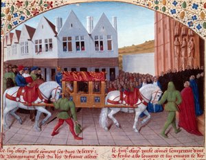 Entrata di Carlo IV (1316-1378) imperatore tedesco nel 1378 a Saint-Denis. Miniatura tratta da "Grandi Cronache di Francia" (Folio 442). Miniatura di Jean Fouquet (XV secolo) da Jean Fouquet