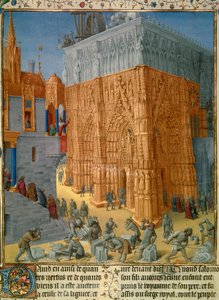 Costruzione del Tempio di Gerusalemme da parte di Re Salomone. Il re assiste alla costruzione dal balcone del suo palazzo. Miniatura dal manoscritto 