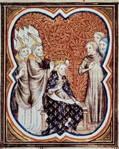 Le corno del re Luigi VI detto il Grosso (1081-1137) Miniatura tratta da Le grandi cronache di Francia di Jean Fouquet (1420-1481) XV secolo Parigi, B.N.