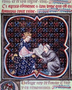 Il primate presenta il testo delle grandi cronache di Francia a Filippo III. Miniatura dal manoscritto di Jean Fouquet “Grandes Chroniques de France”. Parigi, B.N.
