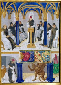 Rappresentazione di San Bernardo di Chiaravalle (1090-1153) tentato dal diavolo. Miniatura tratta da 