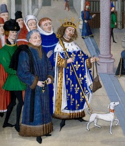 (dettaglio) Le roi saint Louis (Louis IX appresta a partire oltremare). Miniatura da "Les Grandes Chroniques" di Jean Fouquet, Parigi, Bibliothèque de l