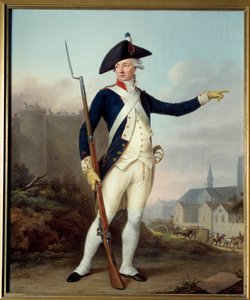 Rivoluzione francese: Ritratto a figura intera del cittadino Nau Deville in uniforme della guardia nazionale (sullo sfondo demolizione della Bastiglia) da Jean Francois Marie Bellier
