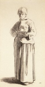 Una donna in piedi che tiene una tazza da Jean Francois Millet