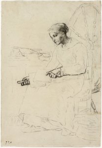 La cardatrice di lana (recto); Schizzo frammentario di uomo in piedi vicino a una recinzione (verso) da Jean Francois Millet