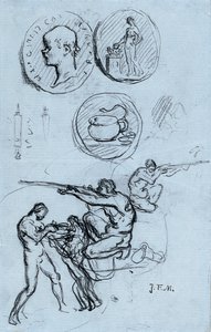 Tre studi per monete antiche, cacciatori e un uomo con un leone da Jean Francois Millet