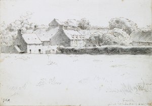 Veduta di edifici agricoli attraverso un campo, 1871