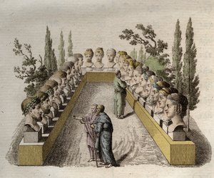 Fisiognomica - Fisiognomonia - Diversi filosofi che osservano e cercano di penetrare diverse fisionomie - incisione del 1808 in "L