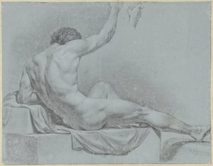 Nudo maschile sdraiato, semi-seduto appoggiato sul braccio sinistro