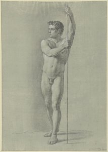 Nudo maschile in piedi con un bastone