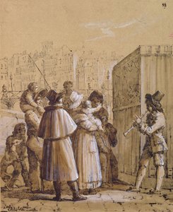Spettatori che guardano uno spettacolo di Pulcinella vicino al Pont des Arts a Parigi da Jean Henri Marlet