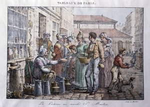 Antico mestiere delle strade di Parigi: La lattaia del mercato Saint Martin (Saint-Martin) - Incisione di Jean Henry Marlet (1771-1847) in “Les Tableaux de Paris”, serie di 72 stampe, fine del XIX secolo