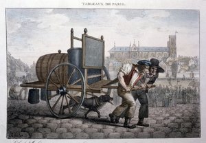 Antico mestiere di strada a Parigi: bagno a domicilio (due uomini tirano un carretto con una botte piena d