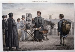Antica strada dei mestieri a Parigi: il mercante di morte dei topi (camelot). Incisione di Jean Henry Marlet (1771-1847) in "Les Tableaux de Paris", serie di 72 stampe, fine XIX secolo da Jean Henri Marlet