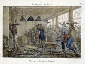 Il nuovo Marché aux poissons di Parigi - litografia di Brocas