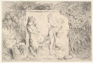 Un bassorilievo che raffigura un satiro a sinistra che tiene due bambini, un altro bambino satiro a destra..., 1763 da Jean Honore Fragonard