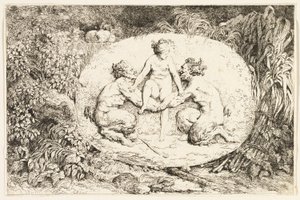 Ninfa seduta sulle mani di due satiri dai Baccanali, o Giochi dei satiri da Jean Honore Fragonard