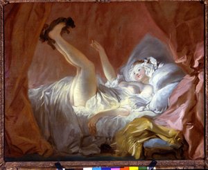 La gimblette. La gimblette è un dolce a forma di anello. La ragazza gioca sdraiata sul letto con un cane porgendogli questo biscotto. Dipinto di Jean Honore Fragonard (1732-1806), Parigi Fond Cailleux da Jean Honore Fragonard