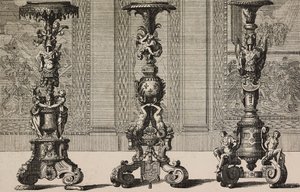 Grandi candelabri in bronzo, incisione di Jean Berain (1640-1711) da L