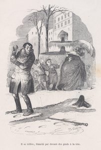 Si alza, coperto dalla testa ai piedi di neve. dalle Piccole Miserie della Vita Umana, 1843