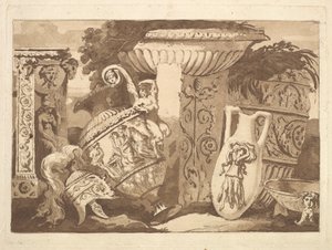 Composizione con frammenti antichi e un vaso inclinato, da Recueil de Compositions da Jean Jacques Lagrenee