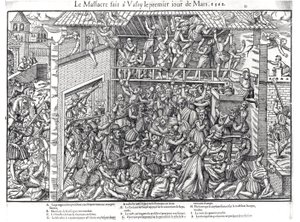 Il massacro della popolazione protestante da parte delle truppe del Duca di Guise a Wassy-sur-Blaise, 1 marzo 1562, inciso da Jacques Tortorel (1568-92) da Jean Jacques Perrissin