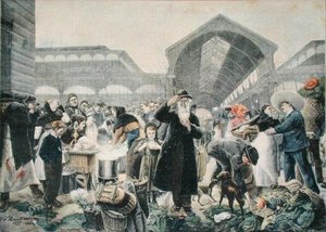 Bancarella di zuppa al mercato di Les Halles al mattino, illustrazione da Le Petit Journal, 2 marzo 1897, inciso da Fortune-Louis Meaulle da Jean Jacques after Rousseau