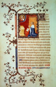 Duca Giovanni I di Berry (1340-1416) pregava davanti a Dio che lo benedice Miniatura dal manoscritto "Le Piccole Ore di Giovanni di Berry" circa 1375 da Jean Le and workshop (attr. to) Noir