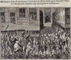 Entrata di Enrico IV (1553 - 1610) a Parigi il 22 marzo 1594 e ingresso alla Cattedrale di Notre Dame per assistere alla Messa - Incisione di Jean Lecler, dopo Bollery, Museo di Notre Dame de Paris da Jean Leclerc