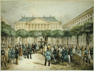 Sepoltura dei rivoluzionari nella Place des Martyres de la Liberte, Bruxelles, 2 ottobre 1830, inciso da A.M. Jobard