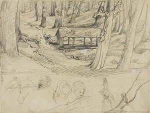 Interno della foresta con capanna di paglia e altri schizzi da Jean Louis André Théodore Géricault