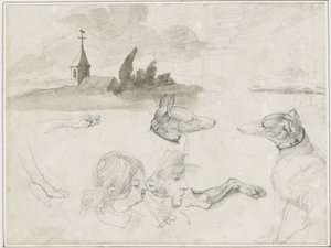 Foglio di schizzi: Levrieri; Una testa maschile e una femminile in da Jean Louis André Théodore Géricault