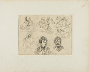 Foglio di schizzi: Cavalieri, Sirene e due ritratti di giovani uomini