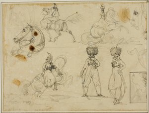 Foglio di schizzi: Soldati, cavalli e un paesaggio da Jean Louis André Théodore Géricault