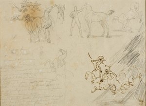 Schizzi di cavalli, stalliere che tiene in mano un cavallo, una battaglia di cavalleria da Jean Louis André Théodore Géricault