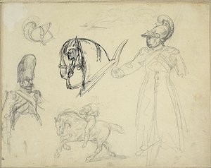 Schizzi di cavalli e soldati