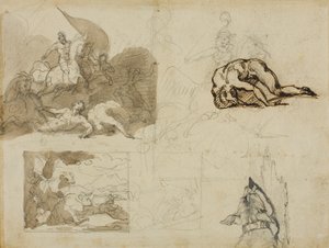 Schizzi di una battaglia di cavalleria, un paesaggio con mucche e altre composizioni da Jean Louis André Théodore Géricault