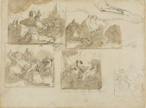 Schizzi di una battaglia di cavalleria e di zampe anteriori di un cane da Jean Louis André Théodore Géricault