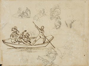 Schizzi di una festa musicale in barca e di una donna con un cappello alto da Jean Louis André Théodore Géricault