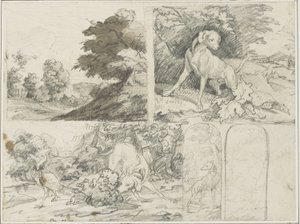Schizzi di un sito boscoso, Cani e fagiani nel paesaggio