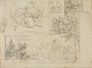 Tre studi con schizzi di un paesaggio boschivo e di una battaglia di cavalleria da Jean Louis André Théodore Géricault