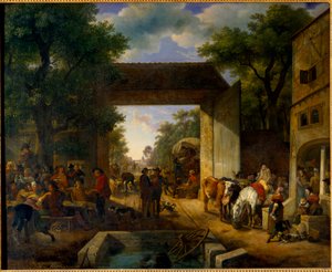 Una fiera alla porta di una locanda. Dipinto di Jean Louis Demarne (1744-1829) XIX secolo