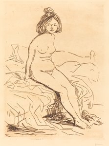 Donna nuda, seduta sul letto, vista frontale