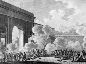 Rivoluzione francese: Caso di Nancy il 31 agosto 1790 (ammutinamento della guarnigione della città di Nancy). Incisione di Berthaut dopo Prior. Parigi, Biblioteca dell