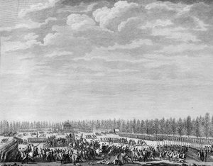 Rivoluzione francese: Gilbert du Motier, Marchese de la Fayette, disarma duecento soldati per indisciplina agli Champs Elysées a Parigi il 12 gennaio 1790 da Jean Louis II (after) Prieur