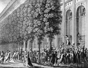 Rivoluzione francese: Discorso fatto al Palazzo Reale da Camille Desmoulins (1760-1794) il 12 luglio 1789. Incisione di Berthaut dopo Prieur. Parigi, Biblioteca dell